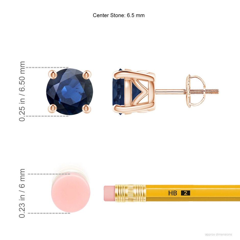 6.5mm AA Vintage Style Round Blue Sapphire Solitaire Stud Earrings in Rose Gold ruler