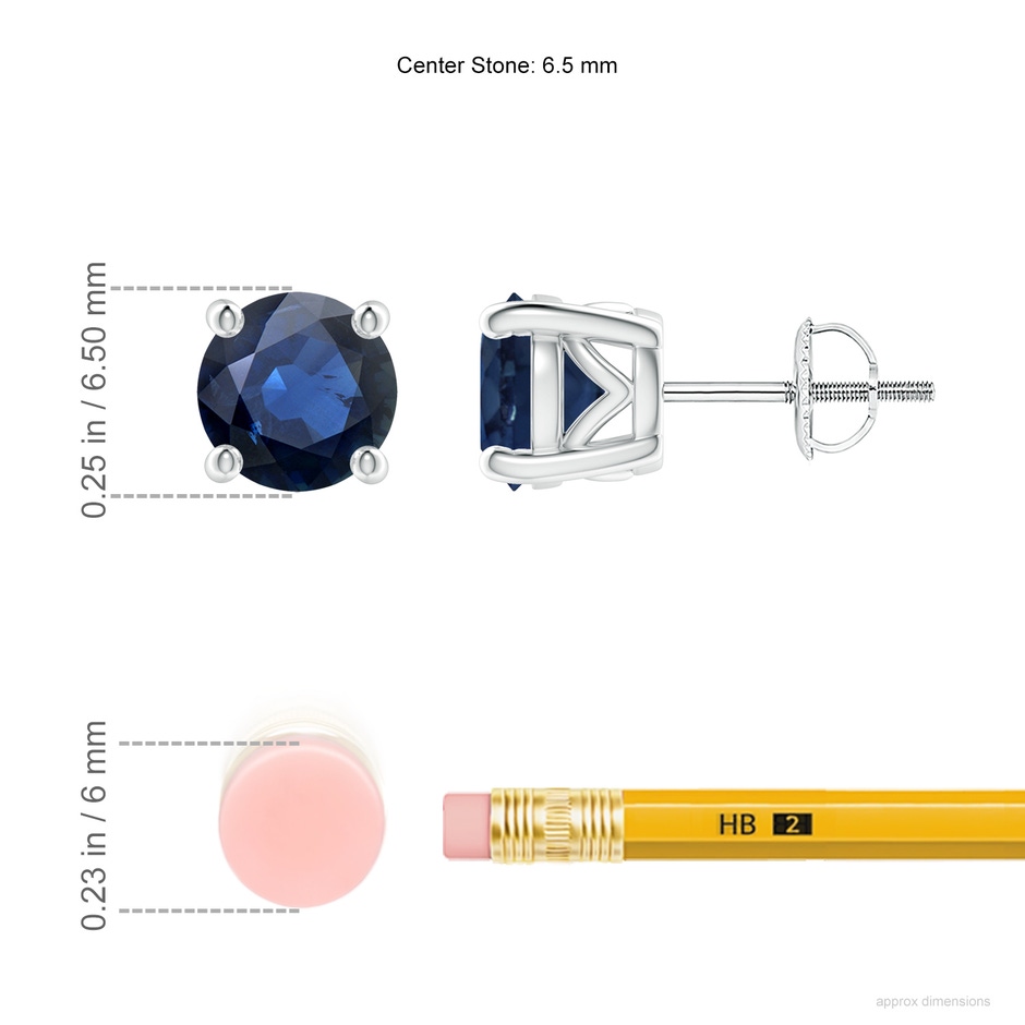 6.5mm AA Vintage Style Round Blue Sapphire Solitaire Stud Earrings in White Gold ruler