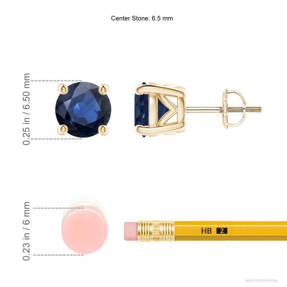 6.5mm AA Vintage Style Round Blue Sapphire Solitaire Stud Earrings in Yellow Gold ruler