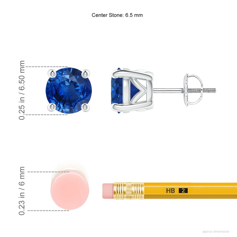 6.5mm AAA Vintage Style Round Blue Sapphire Solitaire Stud Earrings in P950 Platinum ruler