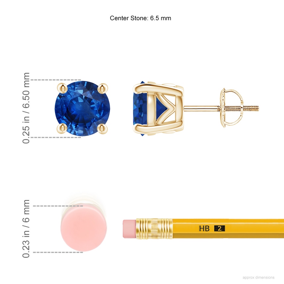 6.5mm AAA Vintage Style Round Blue Sapphire Solitaire Stud Earrings in Yellow Gold ruler