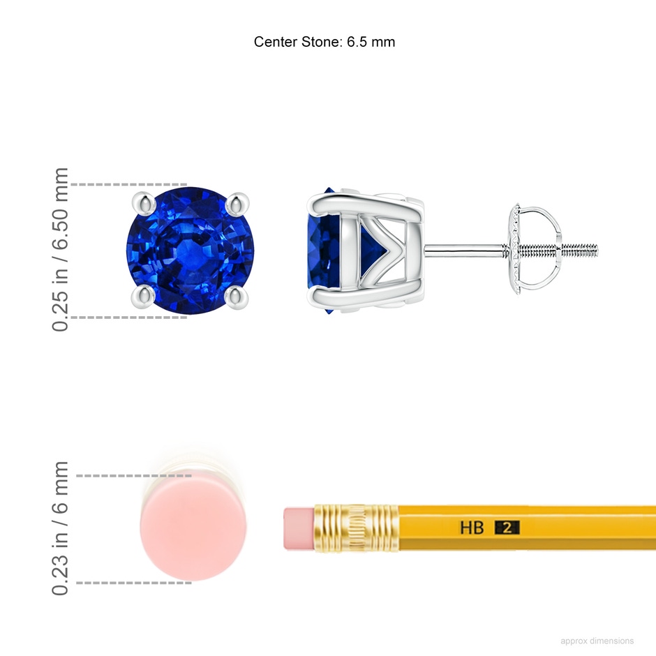 6.5mm AAAA Vintage Style Round Blue Sapphire Solitaire Stud Earrings in P950 Platinum ruler