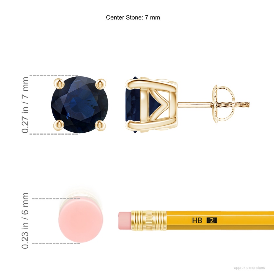 7mm A Vintage Style Round Blue Sapphire Solitaire Stud Earrings in Yellow Gold ruler