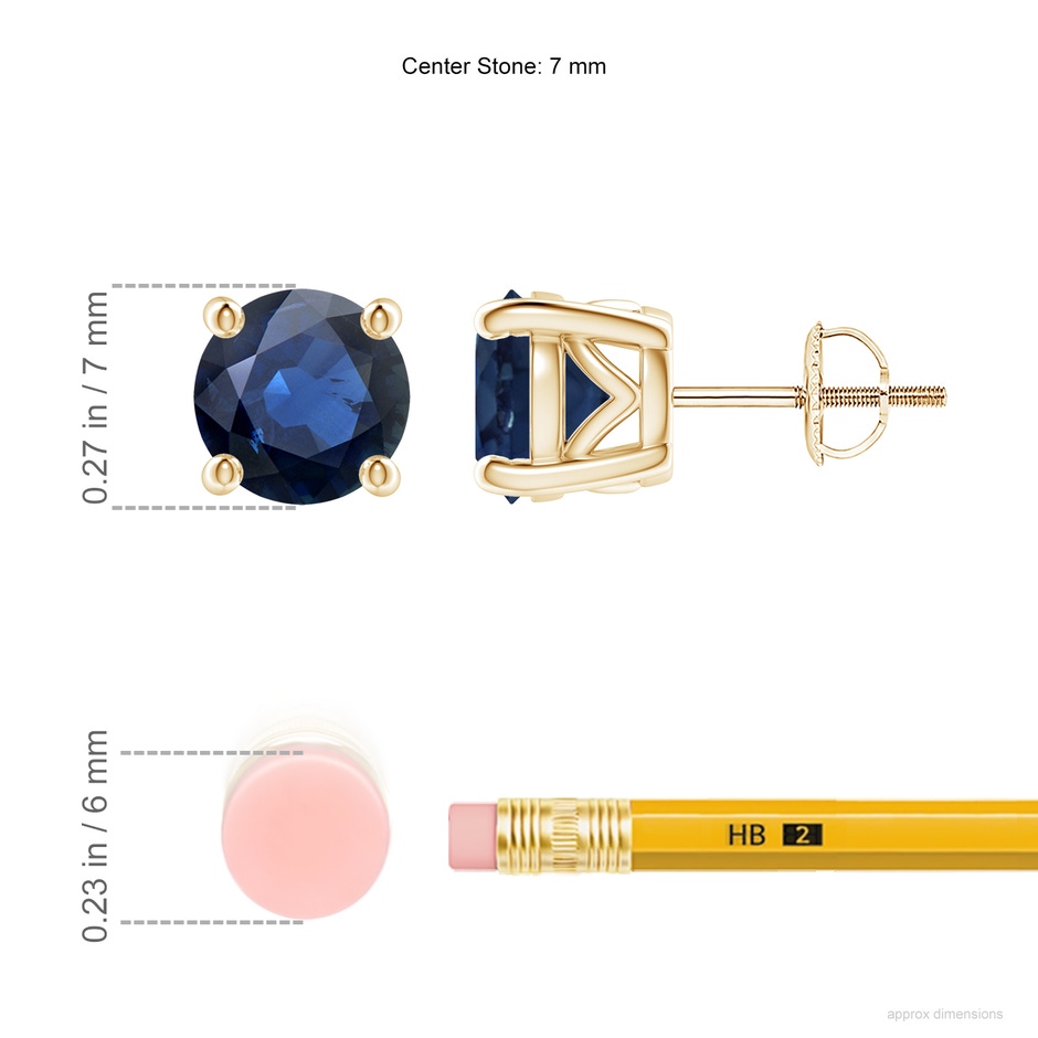 7mm AA Vintage Style Round Blue Sapphire Solitaire Stud Earrings in Yellow Gold ruler