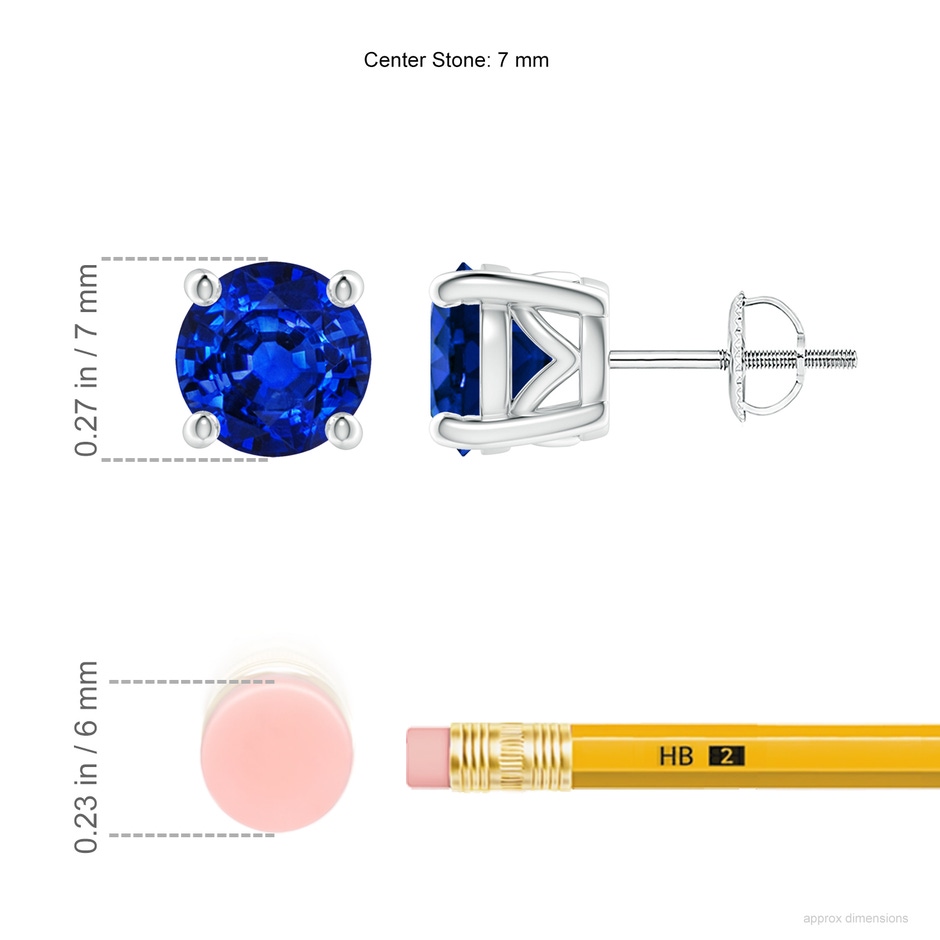 7mm AAAA Vintage Style Round Blue Sapphire Solitaire Stud Earrings in P950 Platinum ruler