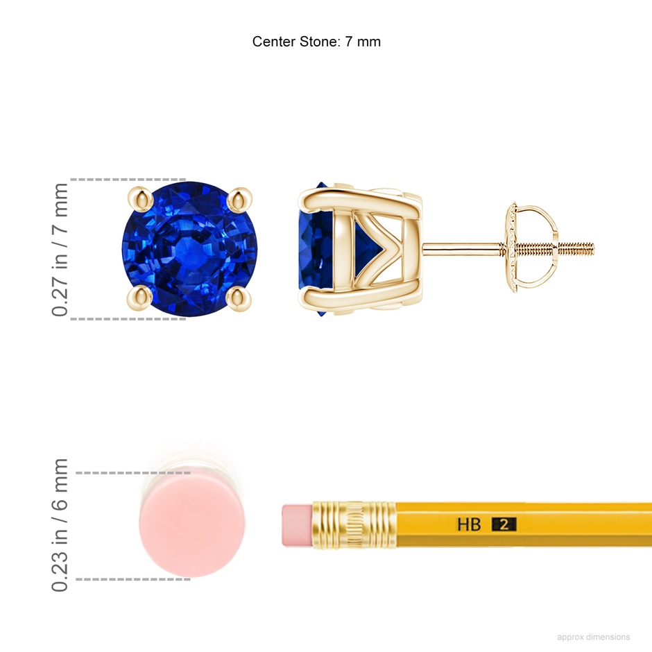 7mm Lab-Grown Vintage Style Round Blue Sapphire Solitaire Stud Earrings in Yellow Gold ruler