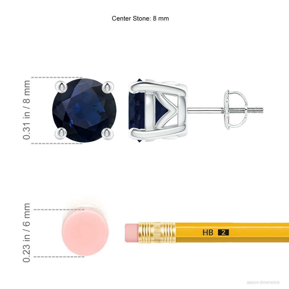 8mm A Vintage Style Round Blue Sapphire Solitaire Stud Earrings in White Gold ruler