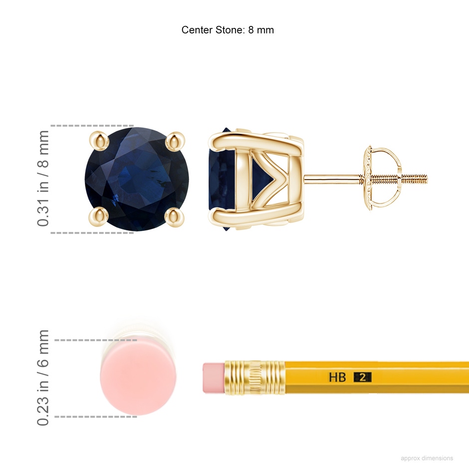 8mm A Vintage Style Round Blue Sapphire Solitaire Stud Earrings in Yellow Gold ruler
