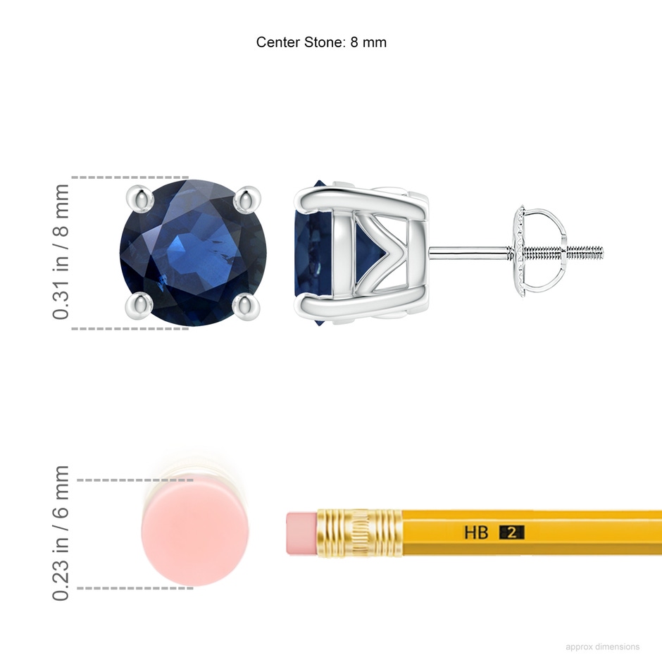 8mm AA Vintage Style Round Blue Sapphire Solitaire Stud Earrings in P950 Platinum ruler