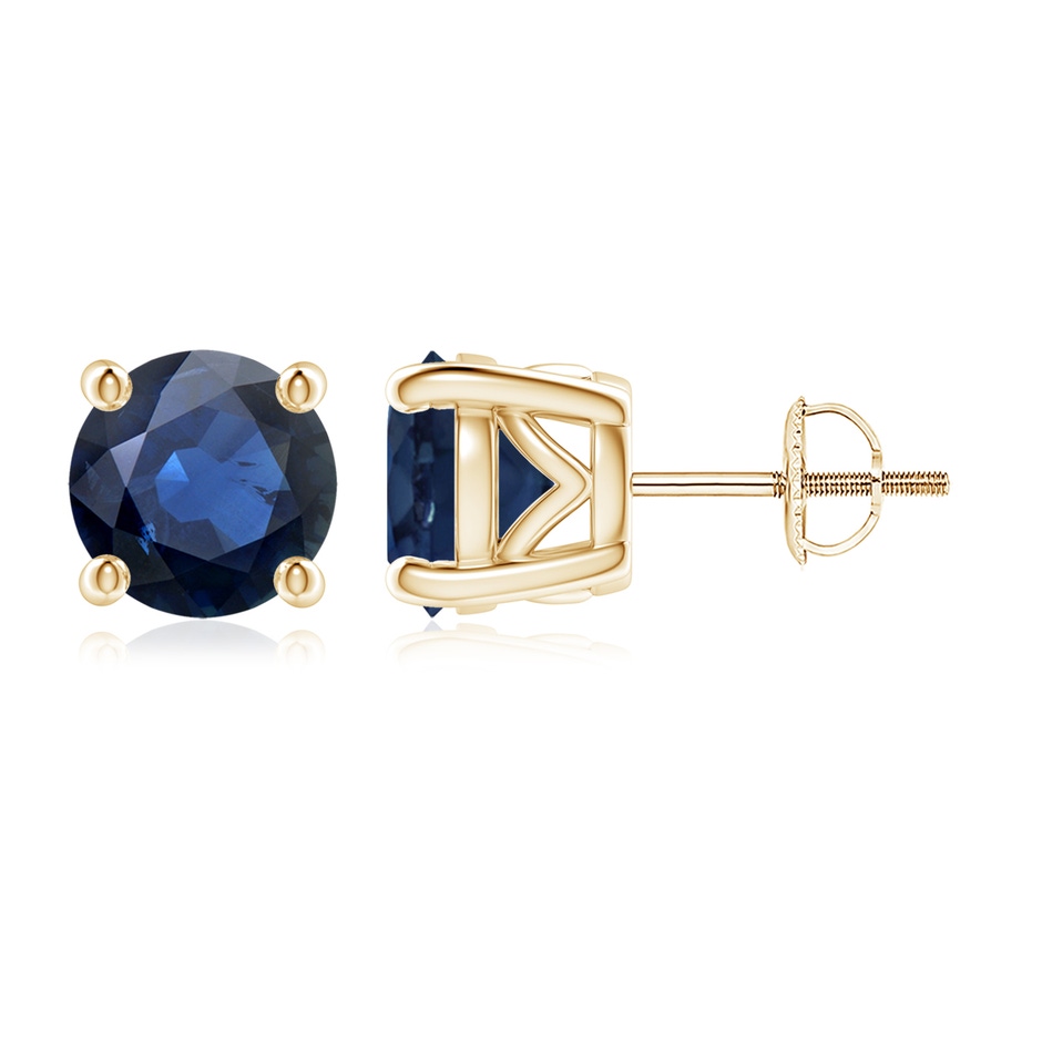 8mm AA Vintage Style Round Blue Sapphire Solitaire Stud Earrings in Yellow Gold 