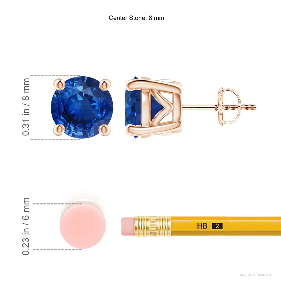 8mm AAA Vintage Style Round Blue Sapphire Solitaire Stud Earrings in Rose Gold ruler