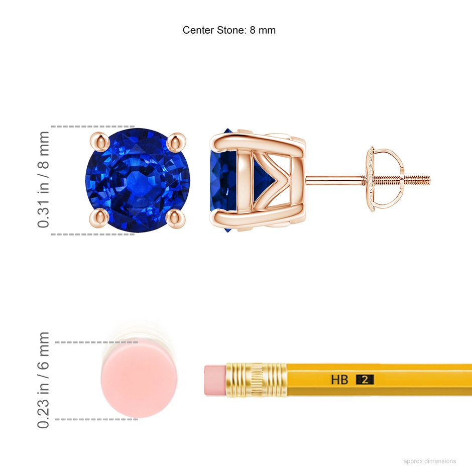 8mm AAAA Vintage Style Round Blue Sapphire Solitaire Stud Earrings in Rose Gold ruler