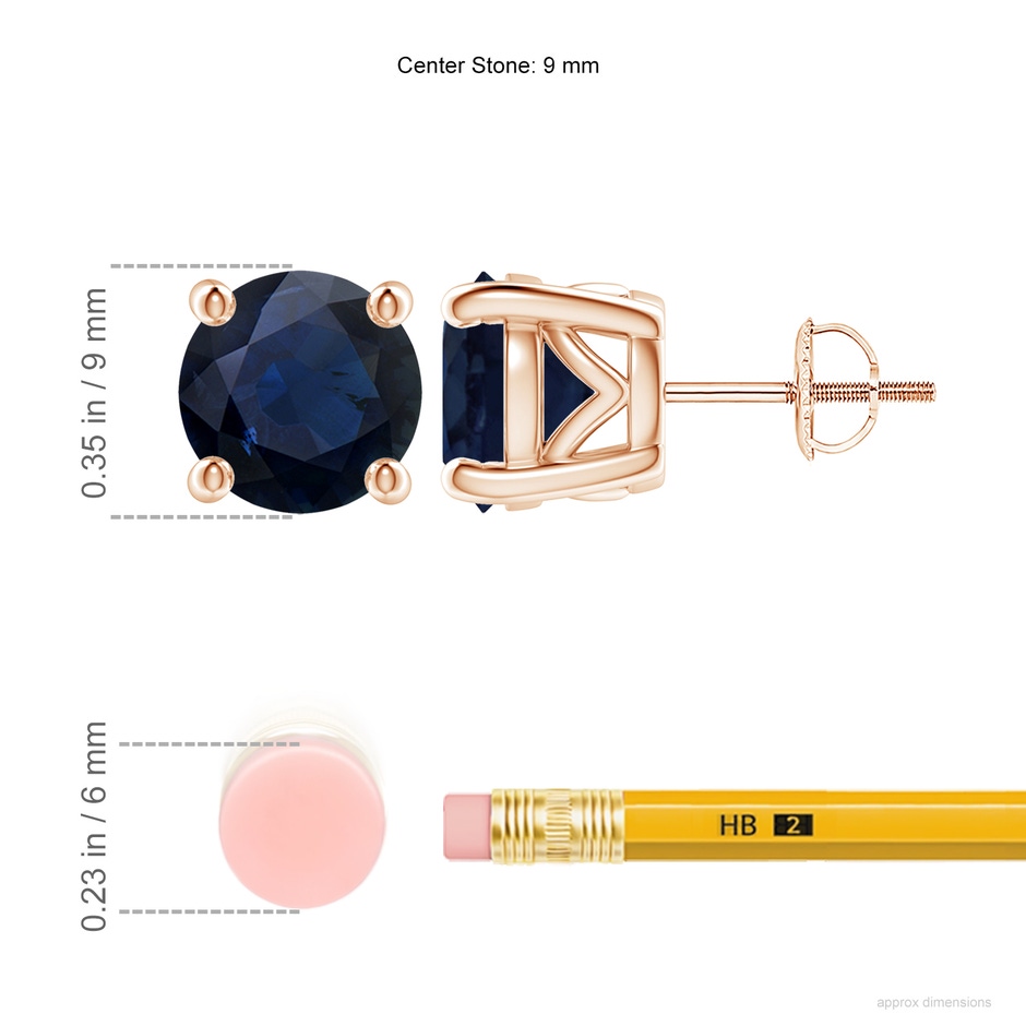 9mm A Vintage Style Round Blue Sapphire Solitaire Stud Earrings in Rose Gold ruler