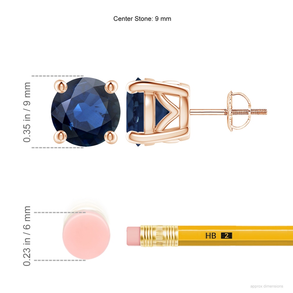 9mm AA Vintage Style Round Blue Sapphire Solitaire Stud Earrings in Rose Gold ruler