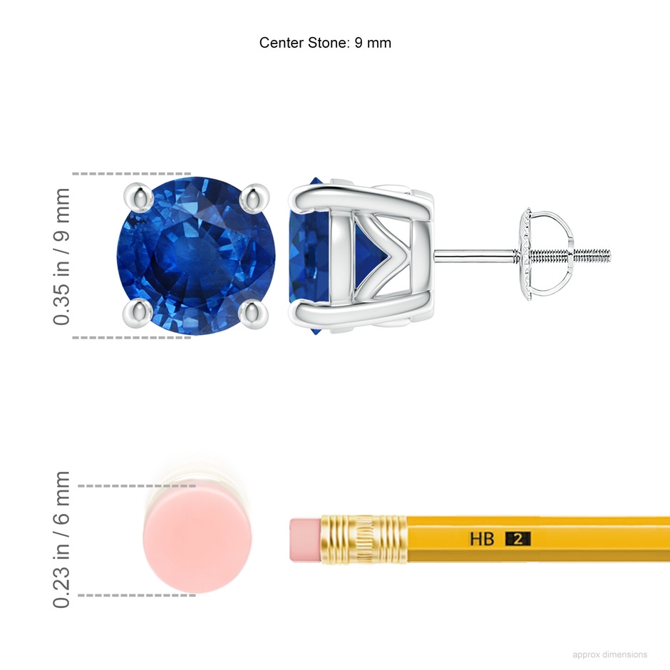 9mm AAA Vintage Style Round Blue Sapphire Solitaire Stud Earrings in P950 Platinum ruler
