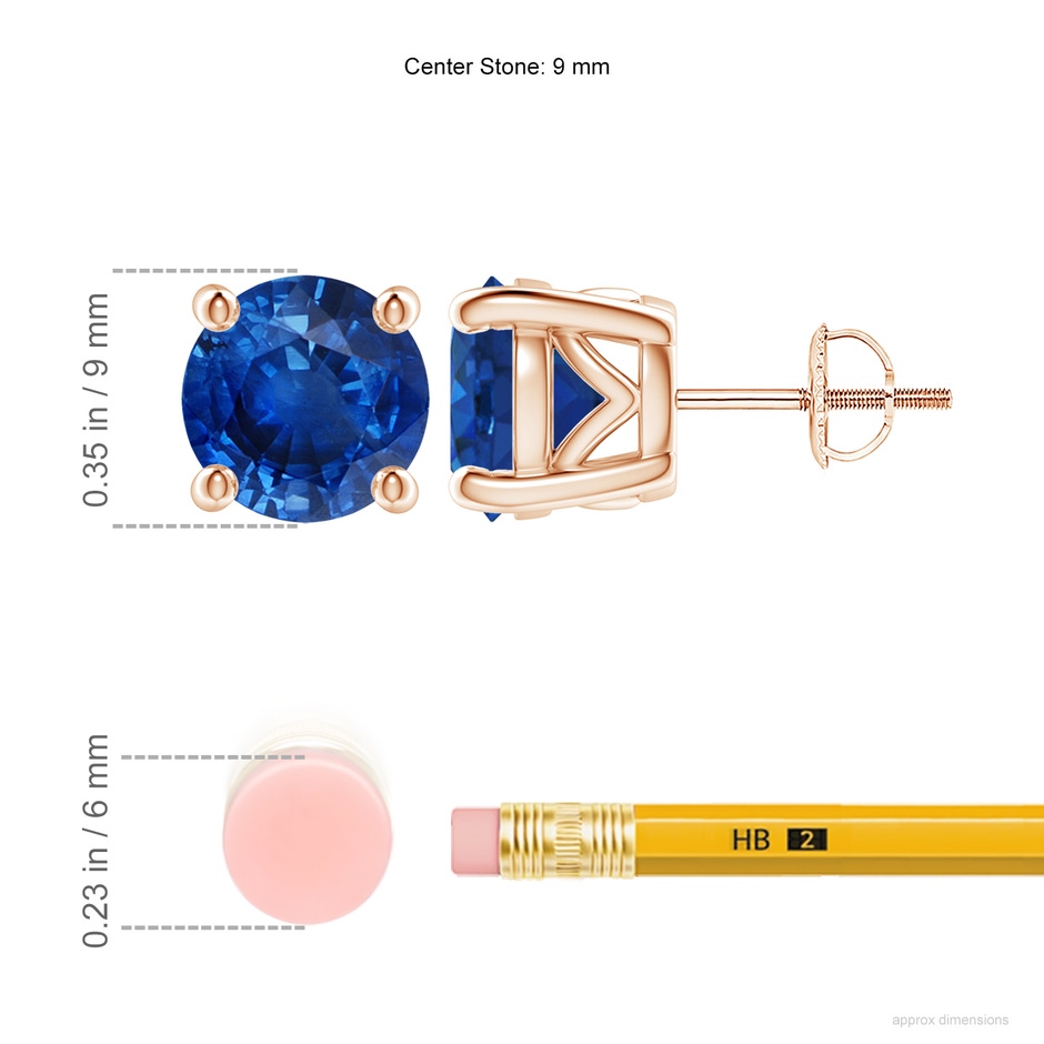 9mm AAA Vintage Style Round Blue Sapphire Solitaire Stud Earrings in Rose Gold ruler