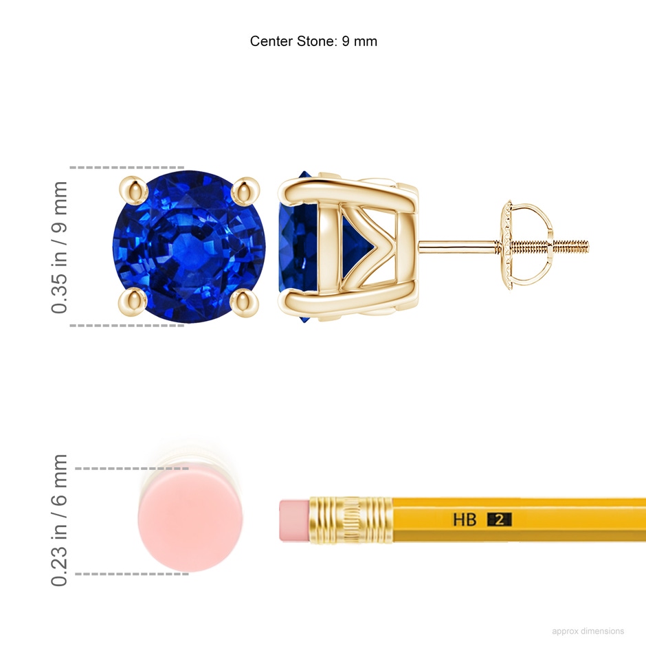 9mm AAAA Vintage Style Round Blue Sapphire Solitaire Stud Earrings in Yellow Gold ruler