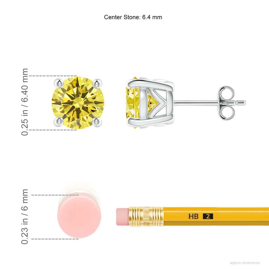 6.4mm AAAA Vintage Style Round Fancy Intense Yellow Diamond Solitaire Stud Earrings in 18K White Gold ruler