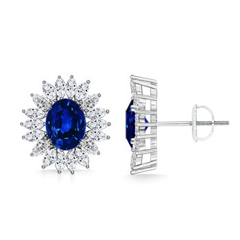 8x6mm AAAA Vintage Style Oval Sapphire Studs with Floral Diamond Halo in P950 Platinum