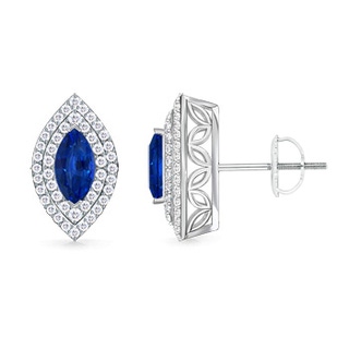 8x4mm AAAA Double Halo Marquise Blue Sapphire Stud Earrings in P950 Platinum