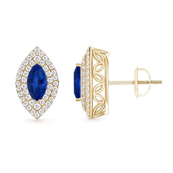 8x4mm AAAA Double Halo Marquise Blue Sapphire Stud Earrings in Yellow Gold