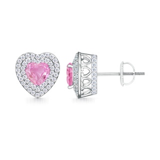 5mm A Vintage Style Pink Sapphire Double Halo Heart Stud Earrings in 9K White Gold