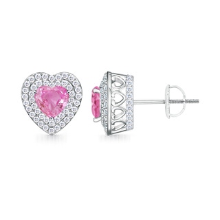 5mm AA Vintage Style Pink Sapphire Double Halo Heart Stud Earrings in White Gold