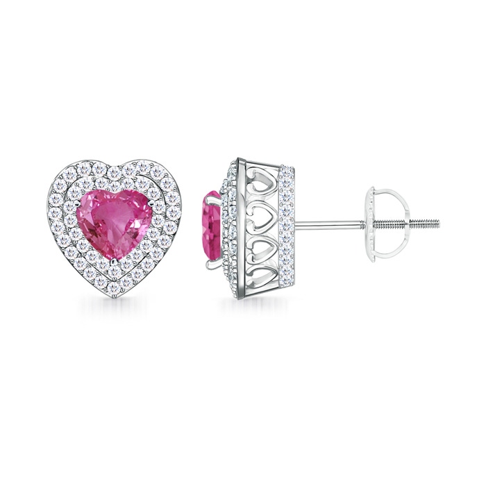 5mm AAAA Vintage Style Pink Sapphire Double Halo Heart Stud Earrings in White Gold