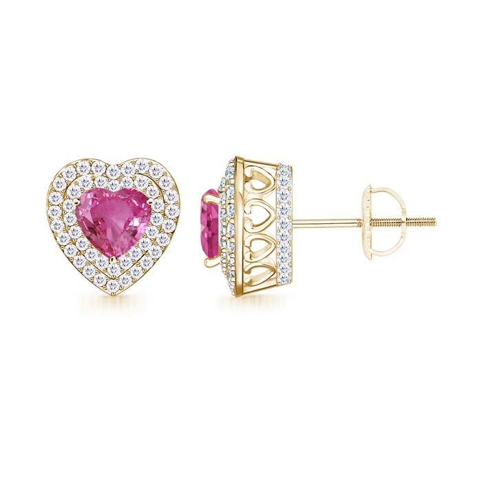 5mm AAAA Vintage Style Pink Sapphire Double Halo Heart Stud Earrings in Yellow Gold