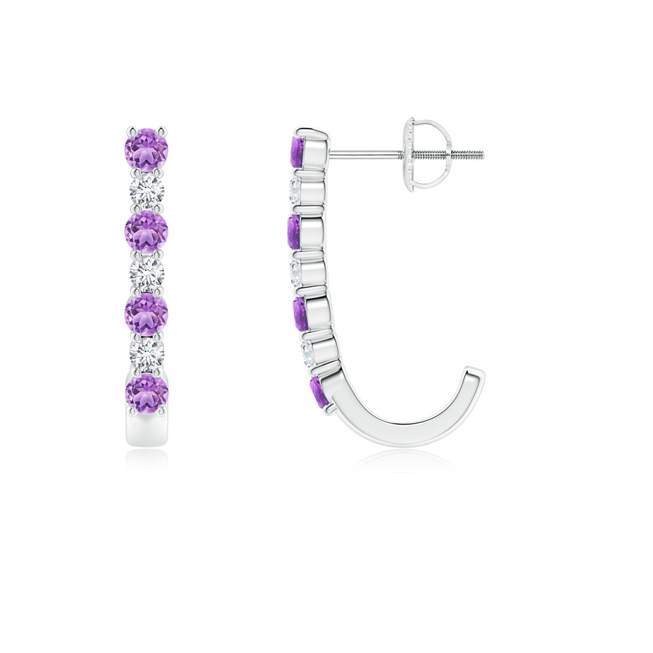 2.5mm AAA Amethyst and Diamond J-Hoop Earrings in White Gold 