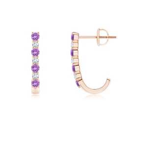 2mm AAA Amethyst and Diamond J-Hoop Earrings in Rose Gold