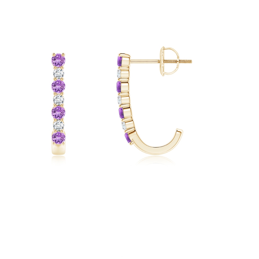 2mm AAA Amethyst and Diamond J-Hoop Earrings in Yellow Gold