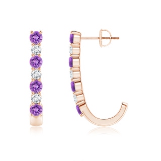 3mm AAAA Amethyst and Diamond J-Hoop Earrings in Rose Gold