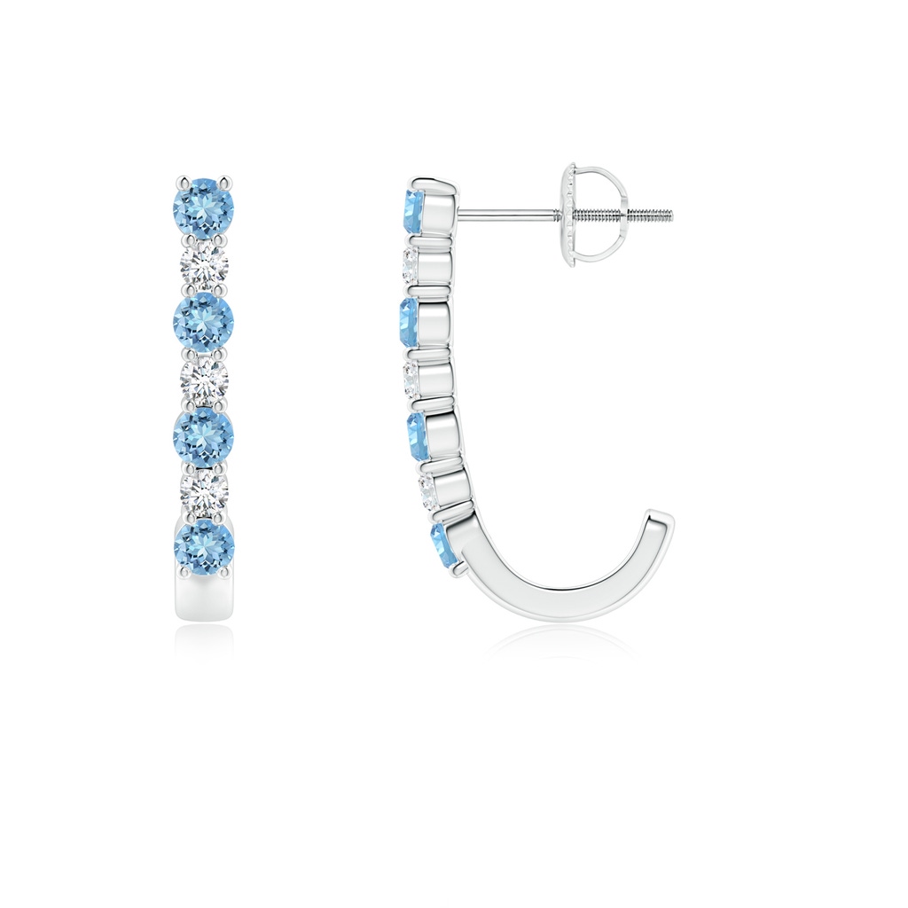 2.5mm AAAA Aquamarine and Diamond J-Hoop Earrings in White Gold