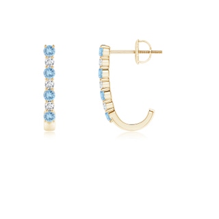 2mm AAA Aquamarine and Diamond J-Hoop Earrings in Yellow Gold