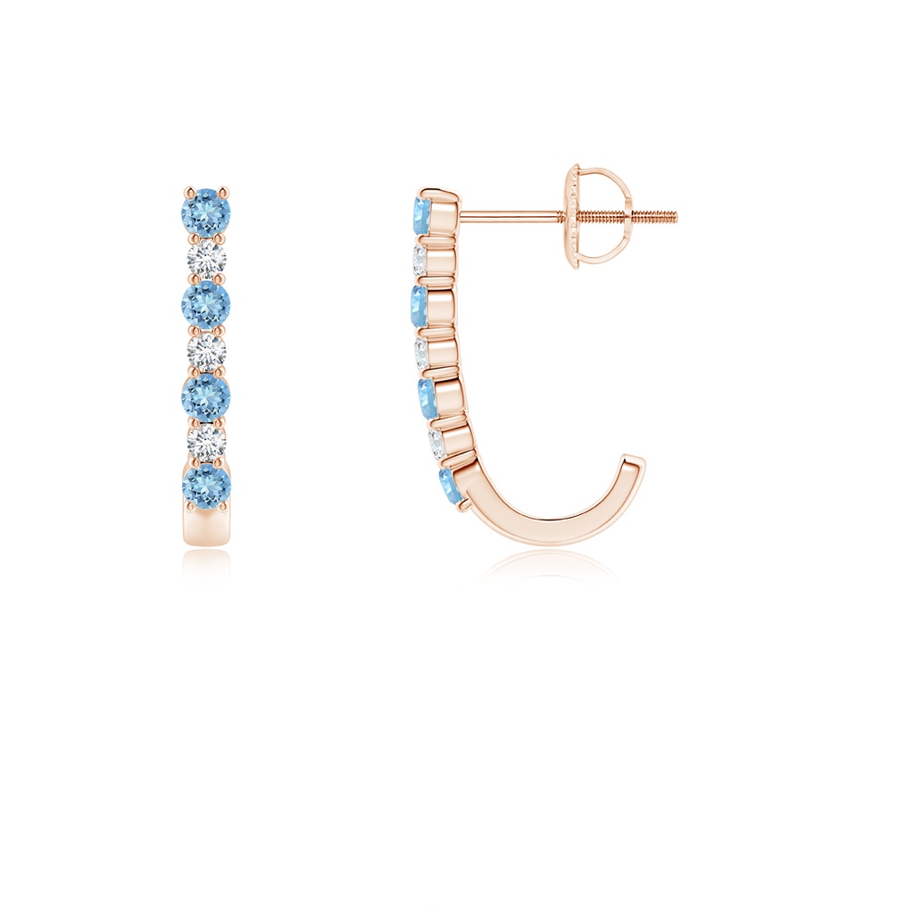 2mm AAAA Aquamarine and Diamond J-Hoop Earrings in Rose Gold