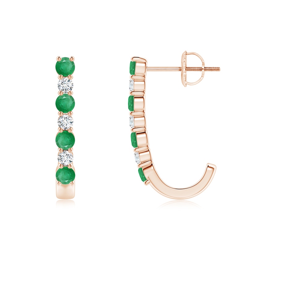 2.5mm A Emerald and Diamond J-Hoop Earrings in Rose Gold 