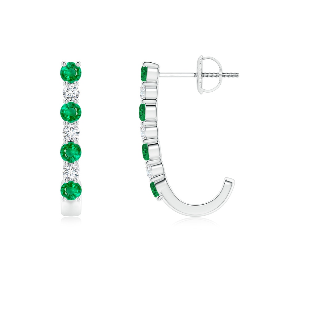 2.5mm AAA Emerald and Diamond J-Hoop Earrings in 9K White Gold