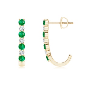 2.5mm AAA Emerald and Diamond J-Hoop Earrings in Yellow Gold