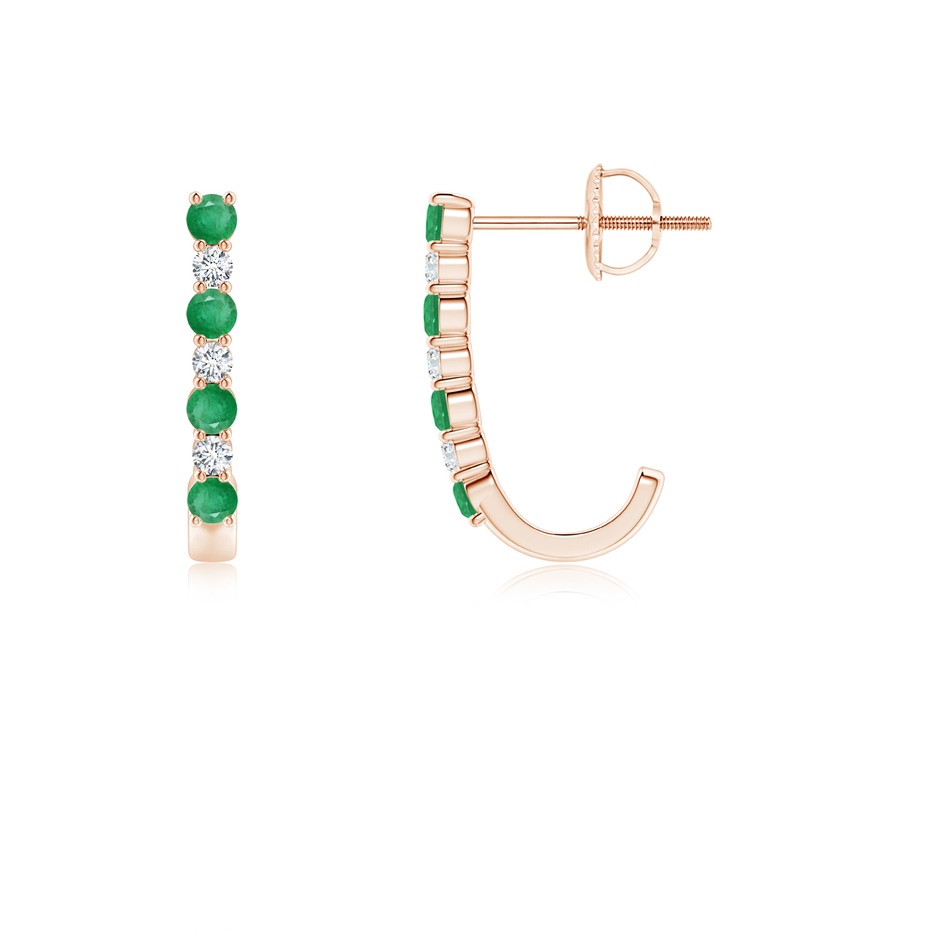 2mm A Emerald and Diamond J-Hoop Earrings in 9K Rose Gold 