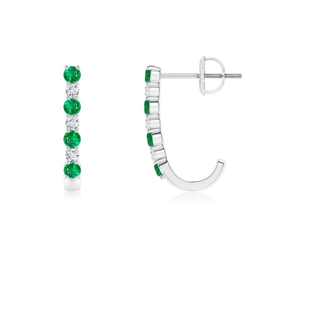 2mm AAA Emerald and Diamond J-Hoop Earrings in 10K White Gold