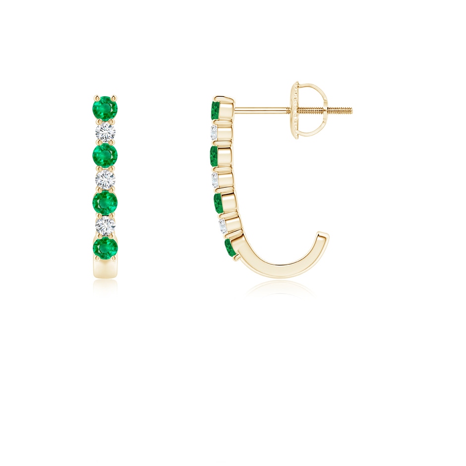 2mm AAA Emerald and Diamond J-Hoop Earrings in Yellow Gold 