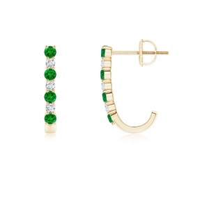 2mm AAAA Emerald and Diamond J-Hoop Earrings in 18K Yellow Gold