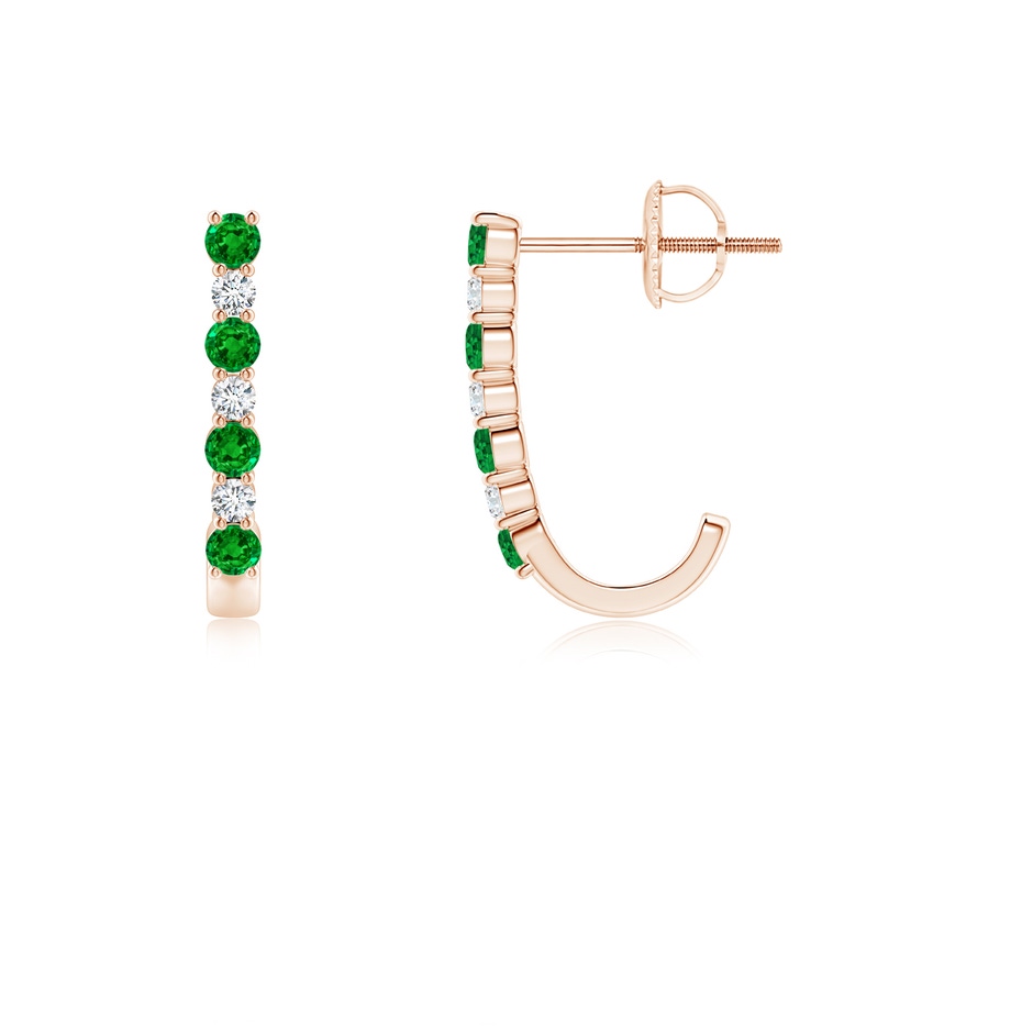 2mm AAAA Emerald and Diamond J-Hoop Earrings in 9K Rose Gold 