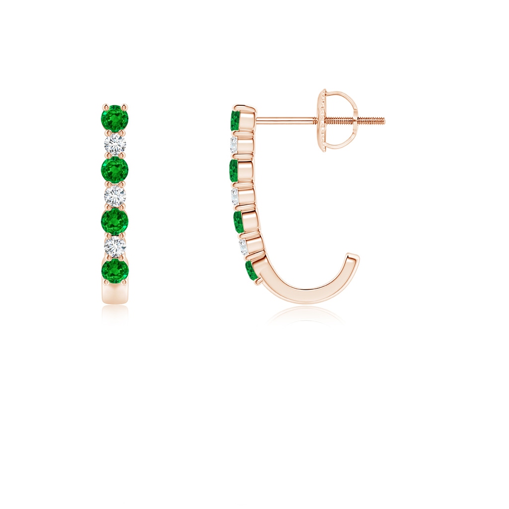 2mm AAAA Emerald and Diamond J-Hoop Earrings in Rose Gold
