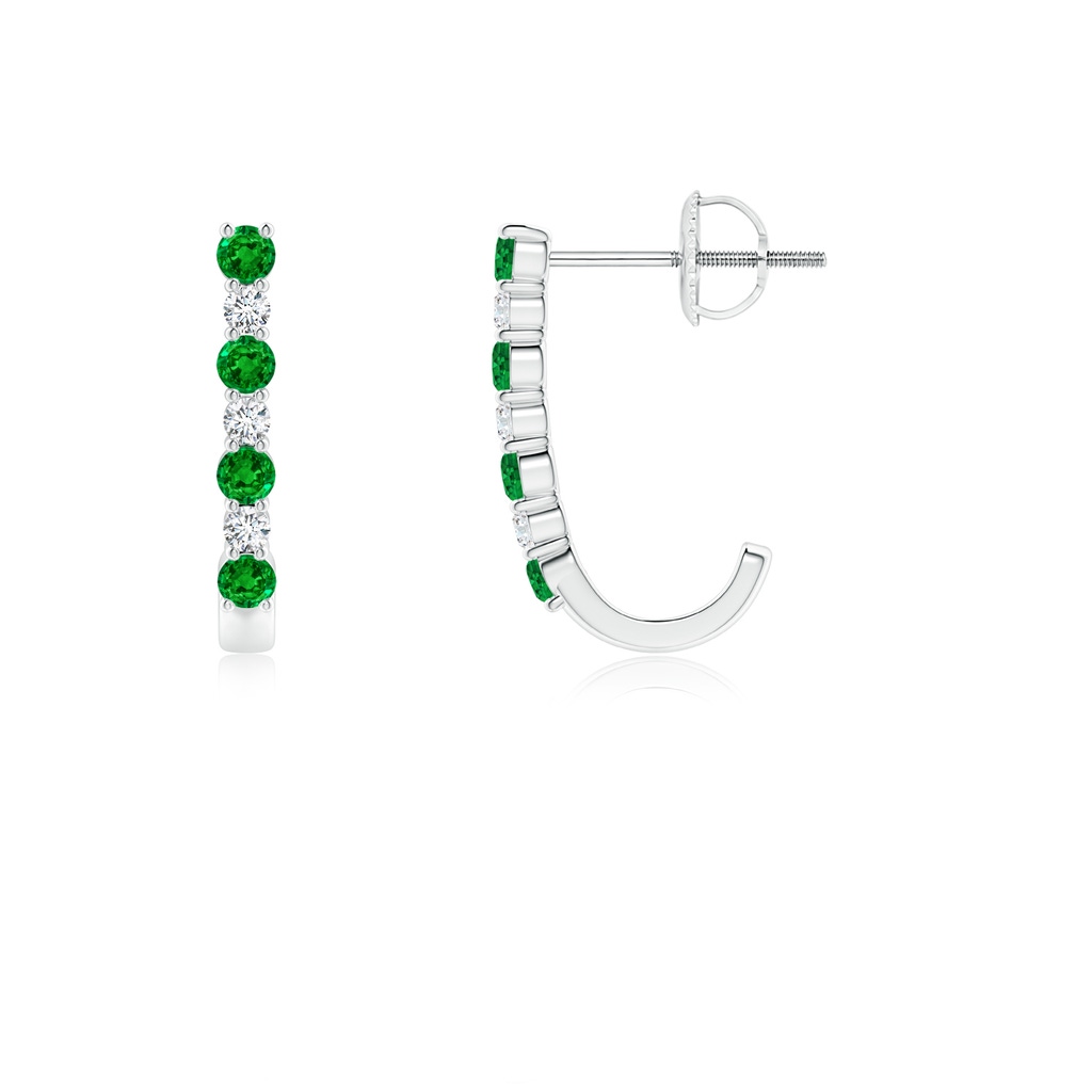 2mm AAAA Emerald and Diamond J-Hoop Earrings in White Gold