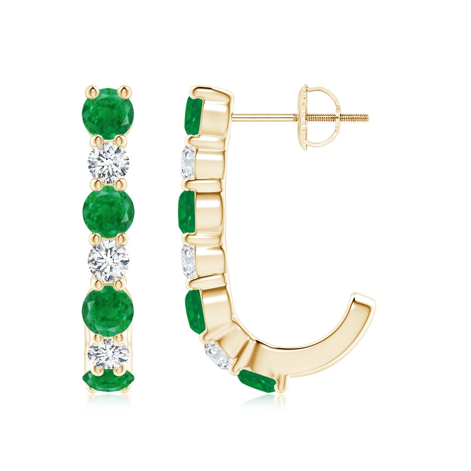 3.5mm AA Emerald and Diamond J-Hoop Earrings in Yellow Gold 