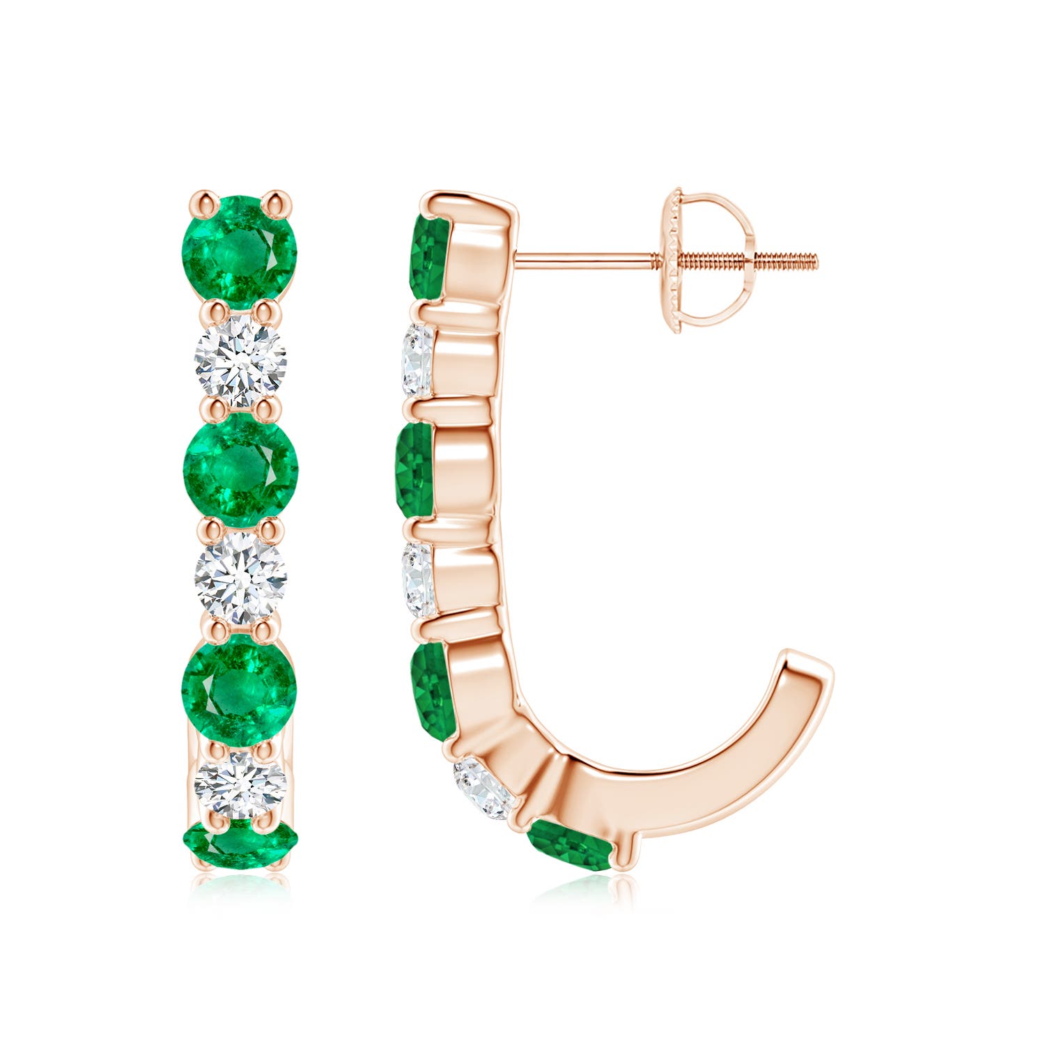 3.5mm AAA Emerald and Diamond J-Hoop Earrings in 18K Rose Gold