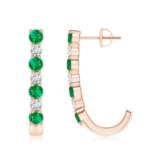 3.5mm AAA Emerald and Diamond J-Hoop Earrings in Rose Gold