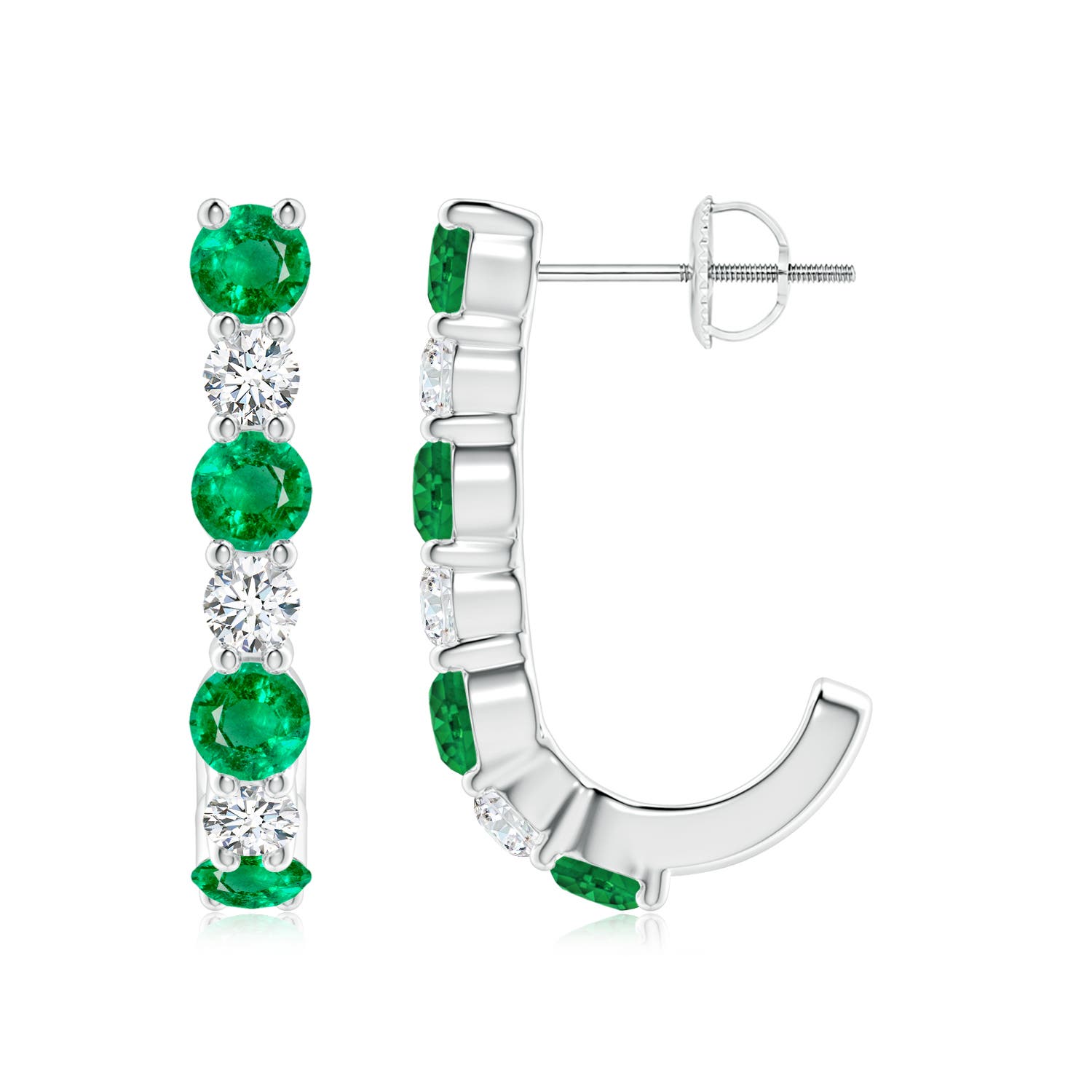 3.5mm AAA Emerald and Diamond J-Hoop Earrings in White Gold
